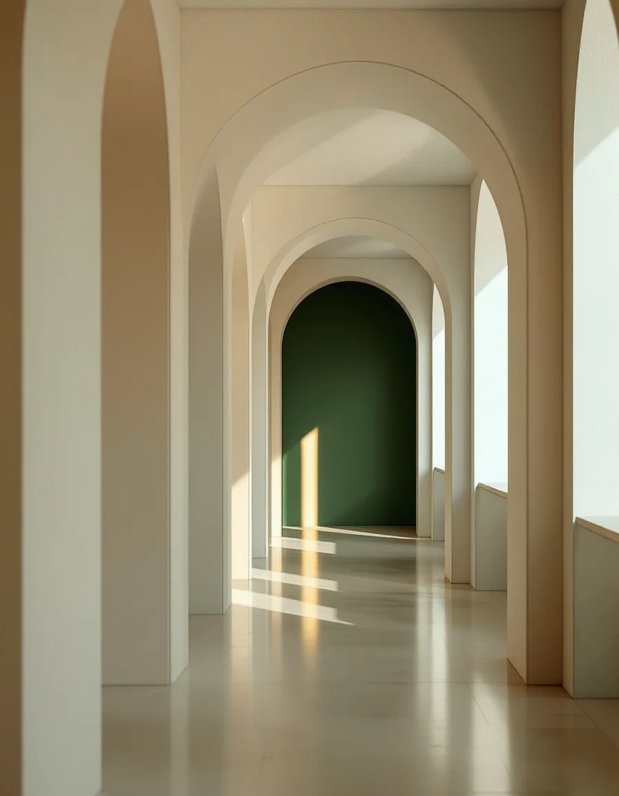 A sunlit arched corridor with clean repeating lines